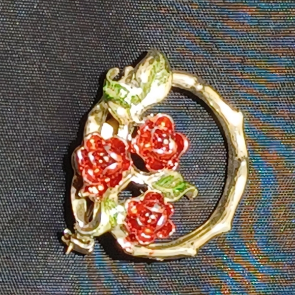 Vintage Silver-tone Enamel Red Roses Pin Brooch Signed ME - Picture 7 of 7